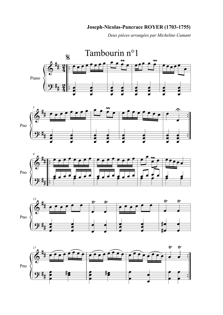 Royer, Pancrace (1703-1755) : Tambourins 1 & 2 pour clavier Easy Piano scores gallery preview page 1