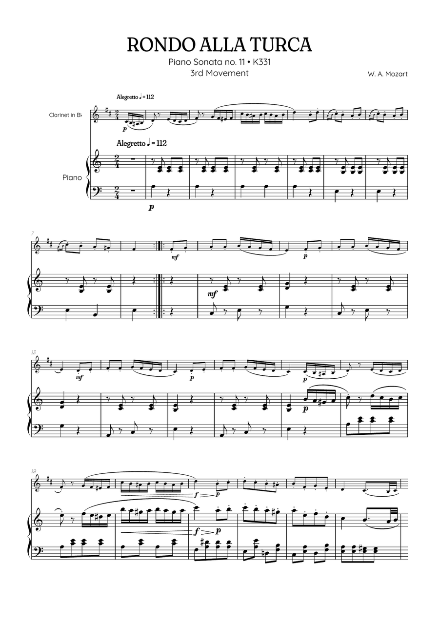 Rondo Alla Turca (Turkish March) • clarinet sheet music with piano accompaniment B-Flat Clarinet scores gallery preview page 1