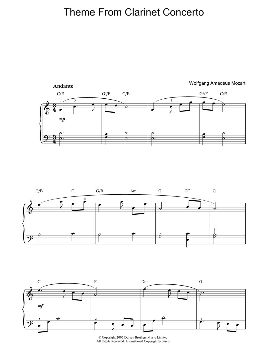 Slow Movement Theme from Clarinet Concerto Piano, Vocal, Guitar scores gallery preview page 1