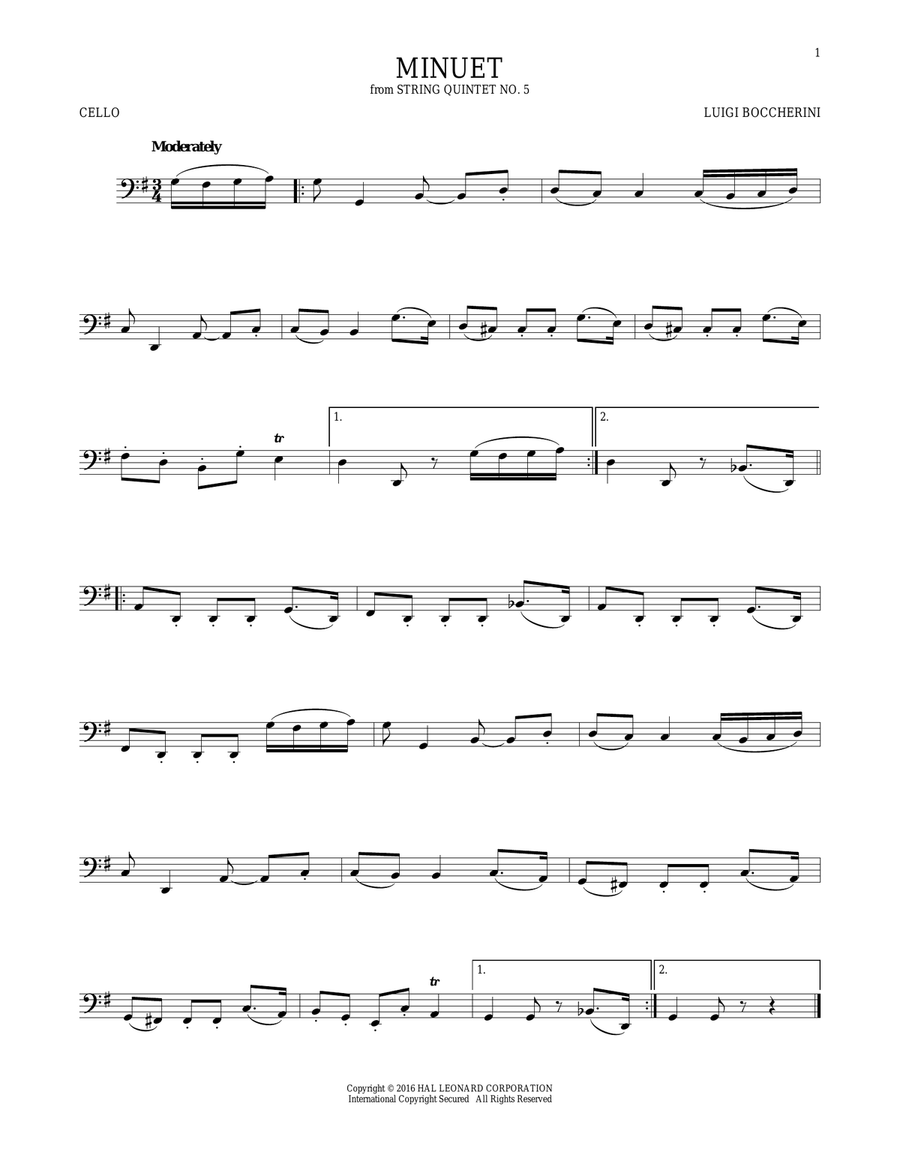 Minuet Cello Solo scores gallery preview page 1
