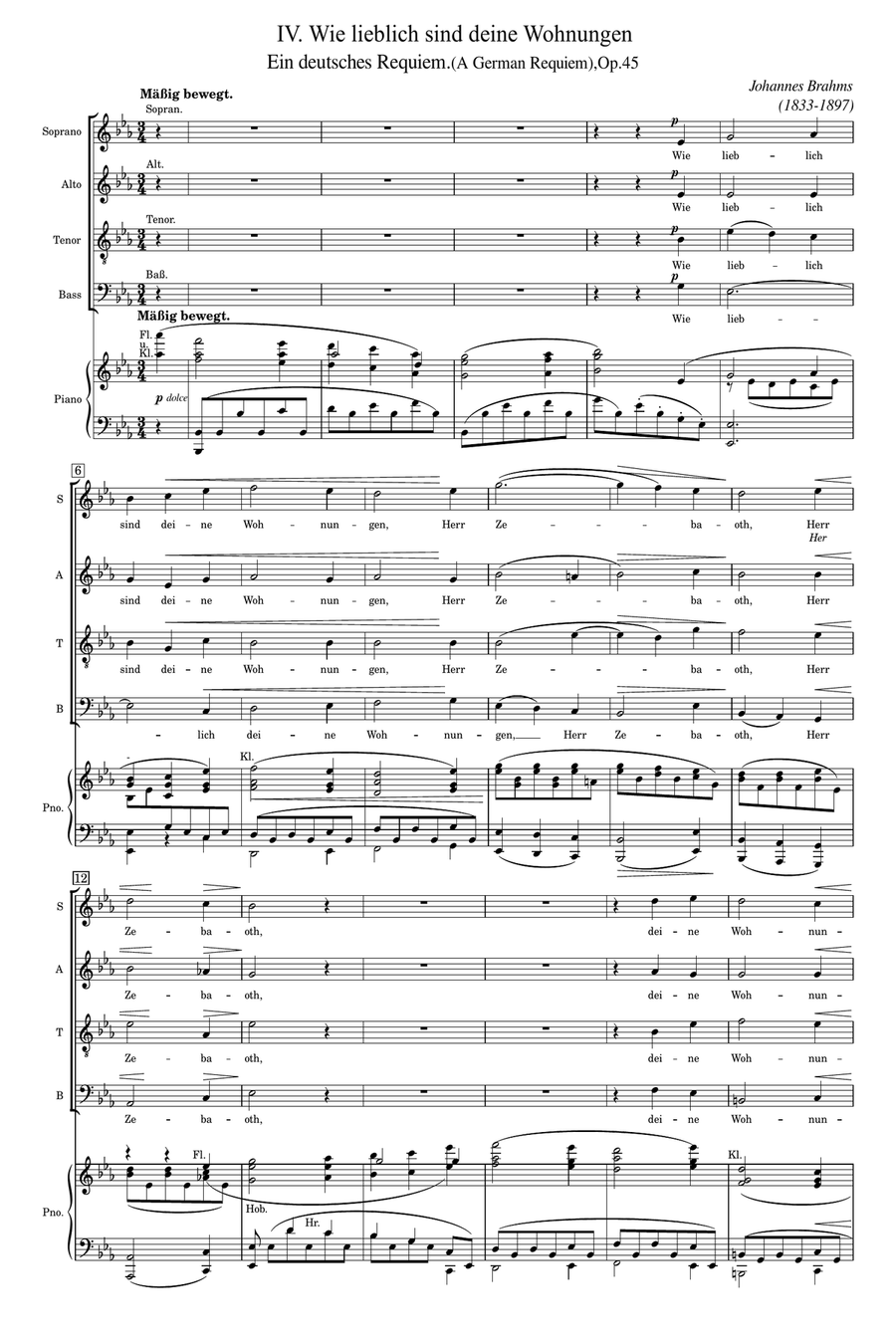 Brahms - Ein Deutsches Requiem, Op.45, IV. Wie lieblich sind deine Wohnungen - Original STAB Piano 4-Part scores gallery preview page 1