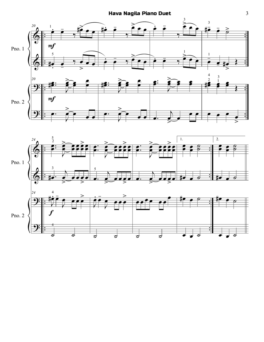 Hava Nagila Piano Duet Piano Duet scores gallery preview page 3