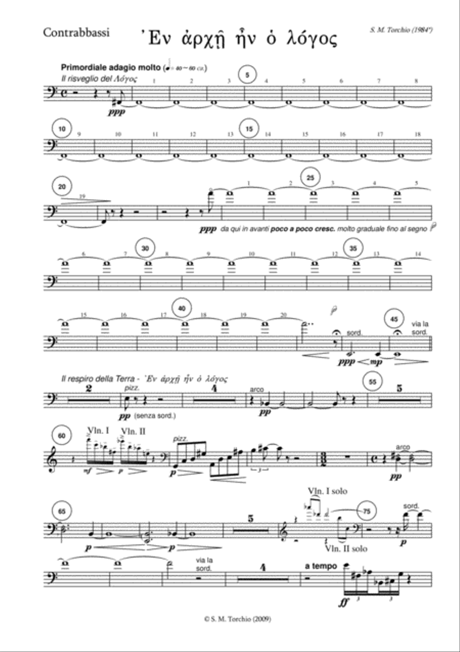 Stefano Maria Torchio: En Archè en o Logos - Double bass part Chamber Orchestra scores gallery preview page 1