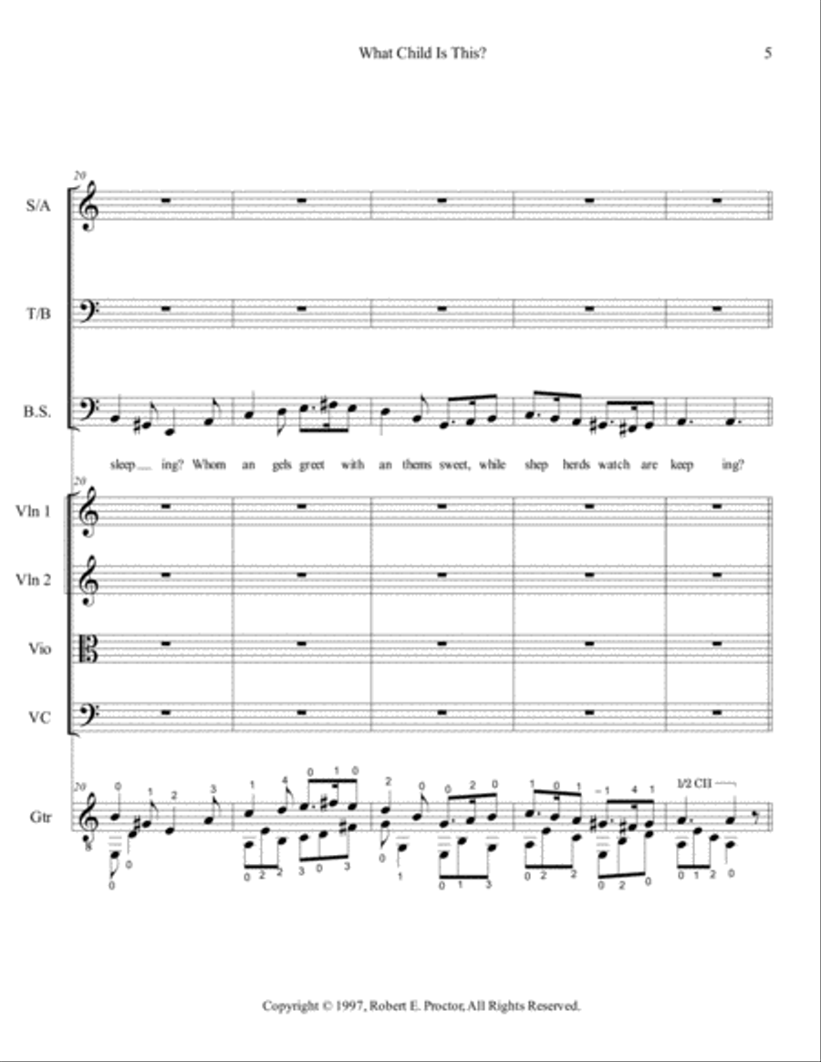 What Child is This for Bass Soloist, Choir, Strings, Classical Guitar 4-Part scores gallery preview page 6