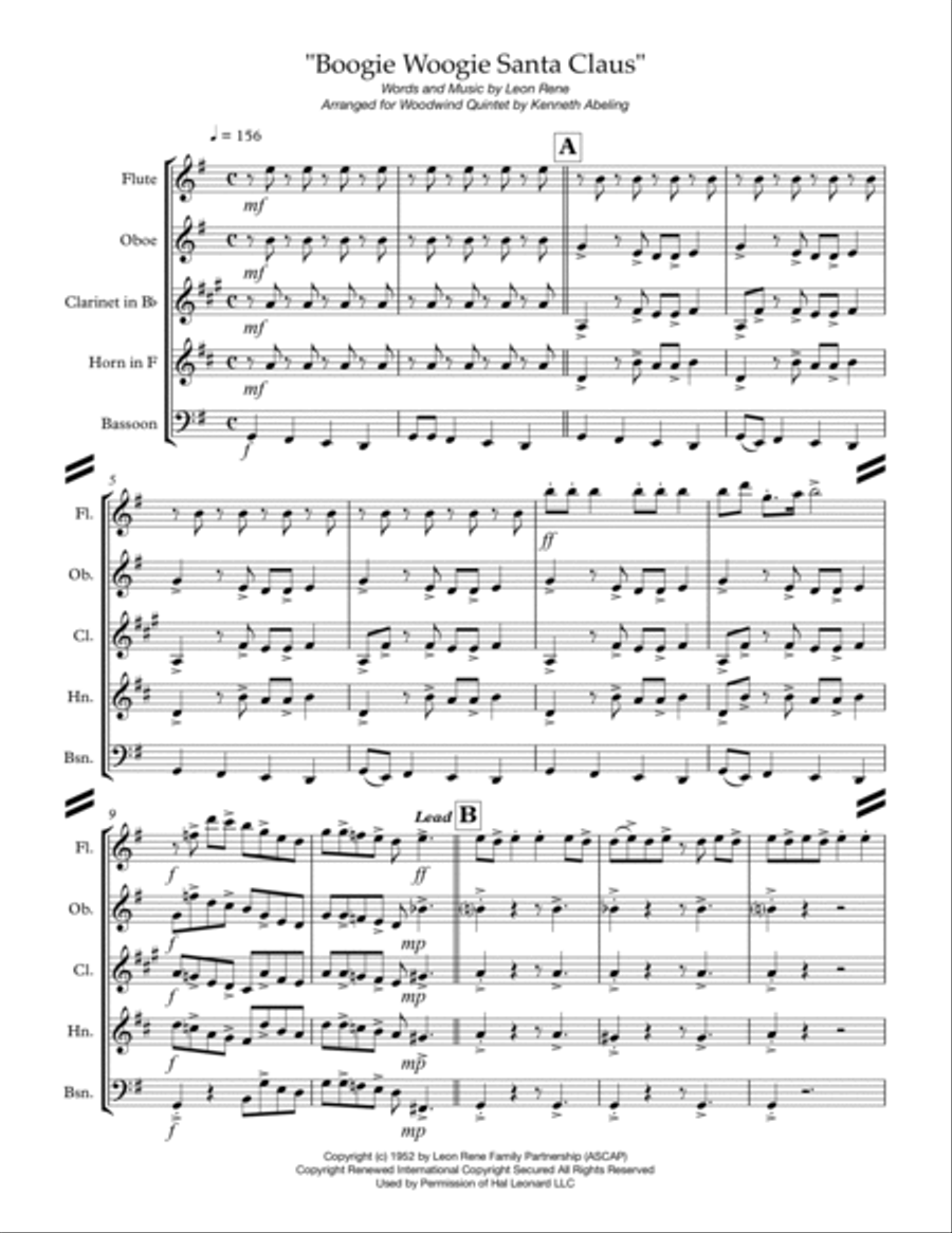 Boogie Woogie Santa Claus Woodwind Quintet scores gallery preview page 2