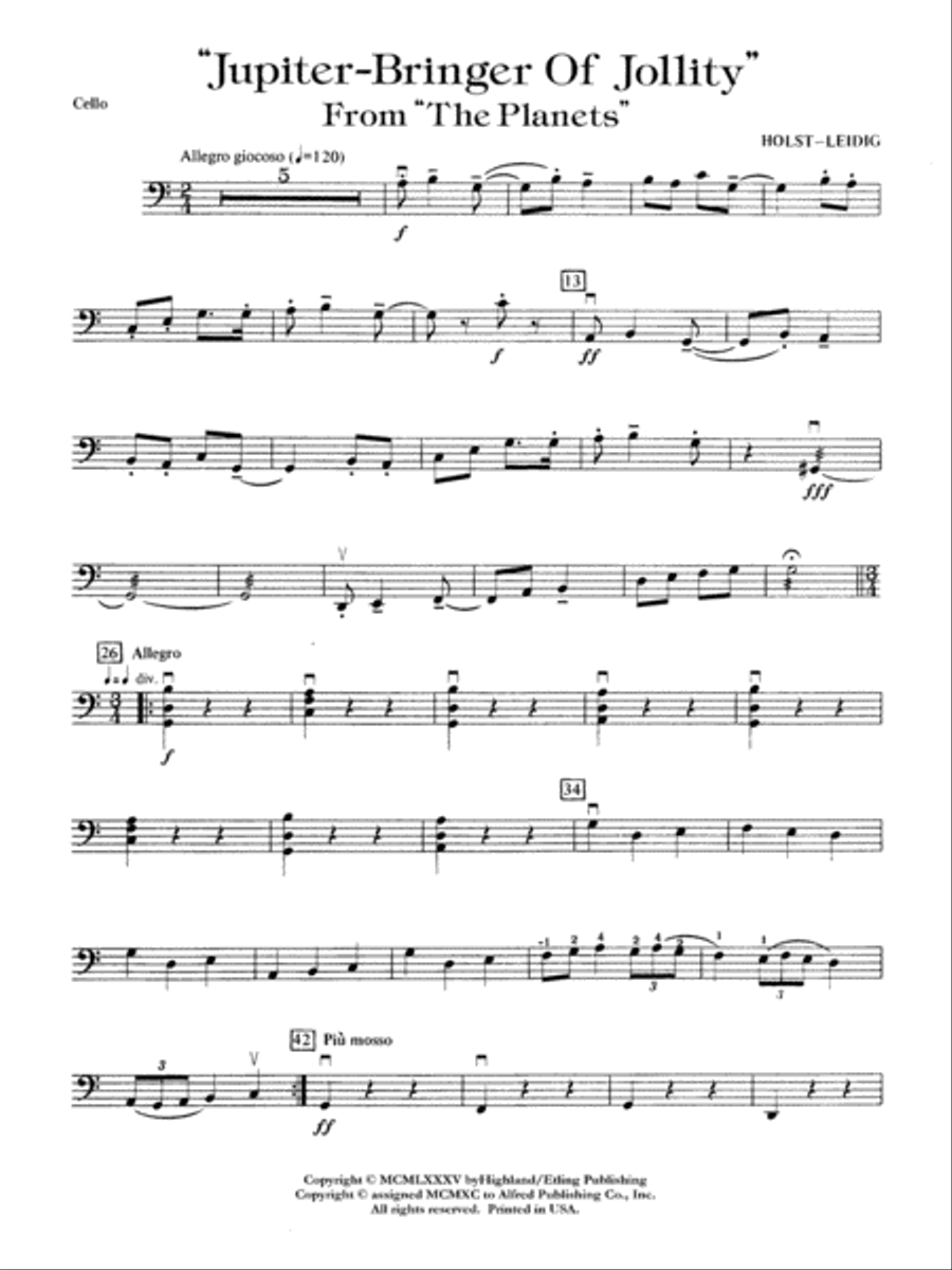 Jupiter Bringer of Jollity Cello by Gustav Holst Full