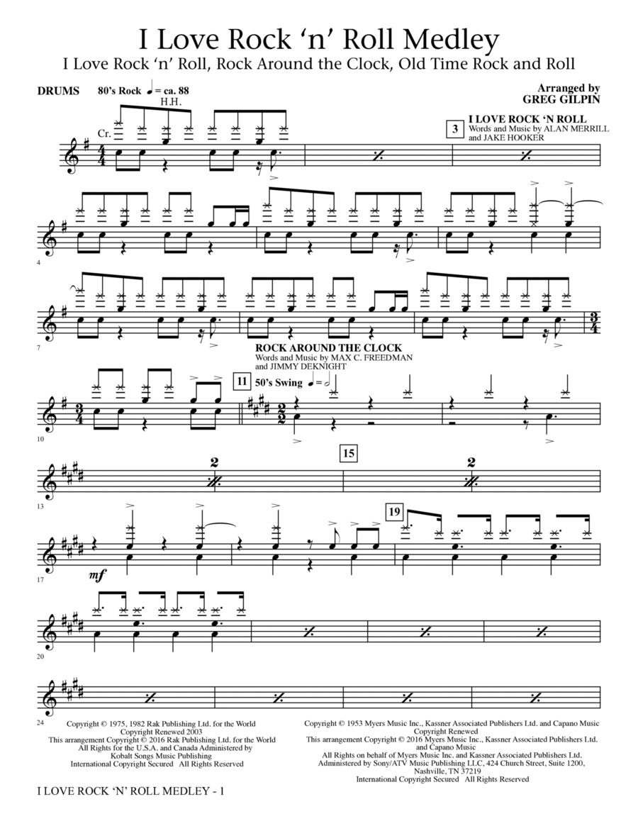 I Love Rock 'n' Roll Medley - Drum Set Choir scores gallery preview page 1