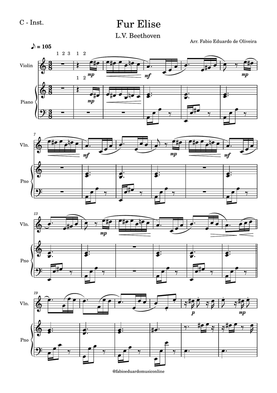 For Elise (Beethoven) + FREE Mp3 Playback + PDF Solo and Piano Parts Violin Solo scores gallery preview page 2
