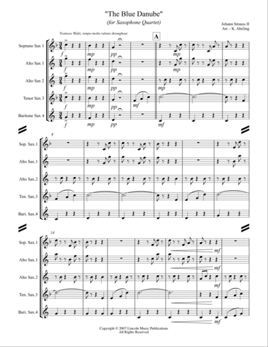 The Blue Danube (for Saxophone Quartet SATB or AATB) Saxophone Quartet scores gallery preview page 2