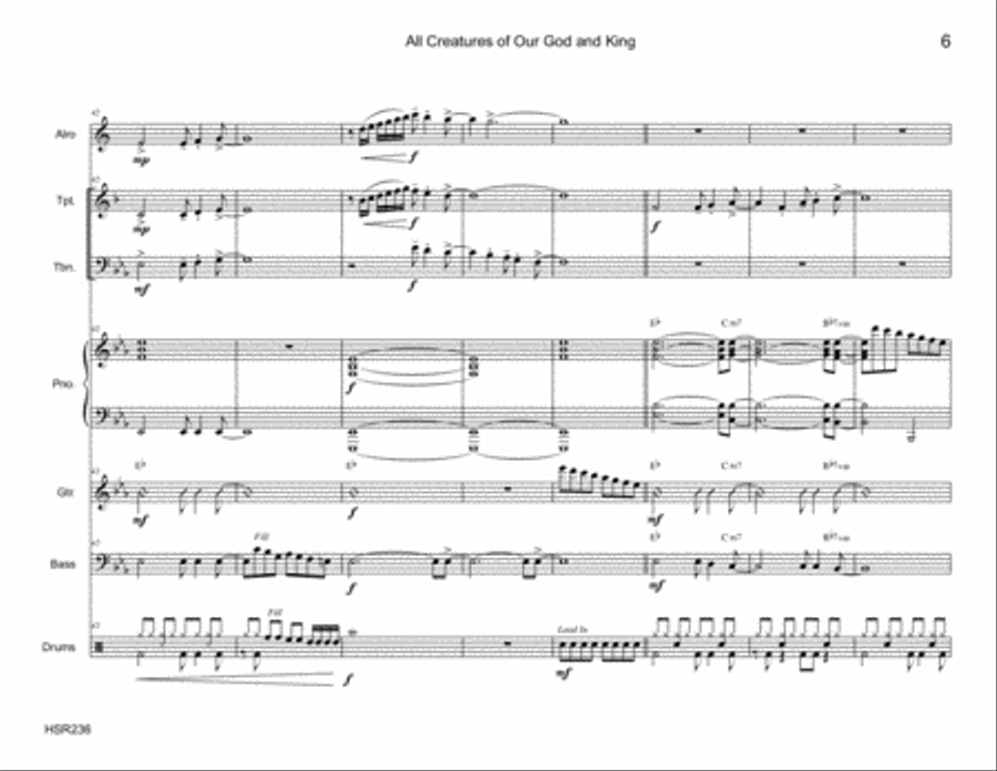 ALL CREATURES OF OUR GOD AND KING - Alto Sax, Trumpet, Trombone & Rhythm Section Large Ensemble scores gallery preview page 6