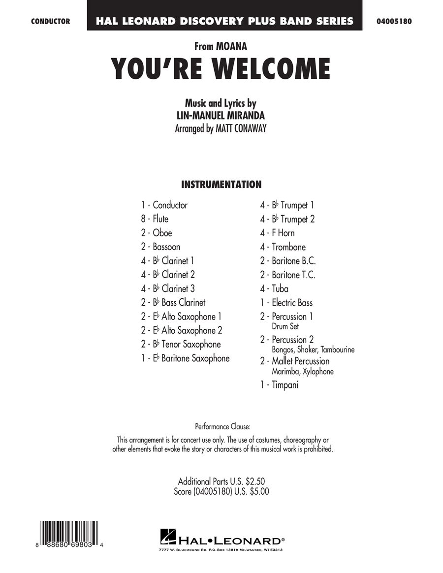 You're Welcome (from Moana) (arr. Matt Conaway) - Conductor Score (Full Score) Concert Band scores gallery preview page 1