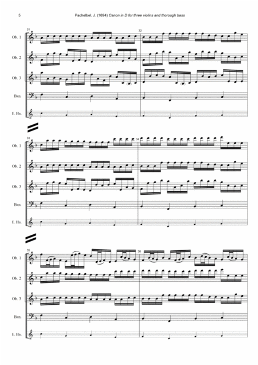 J. Pachelbel - Canon in D-dur, arr. for 3 Oboes & Bassoon (or English Horn) Woodwind Quartet scores gallery preview page 5