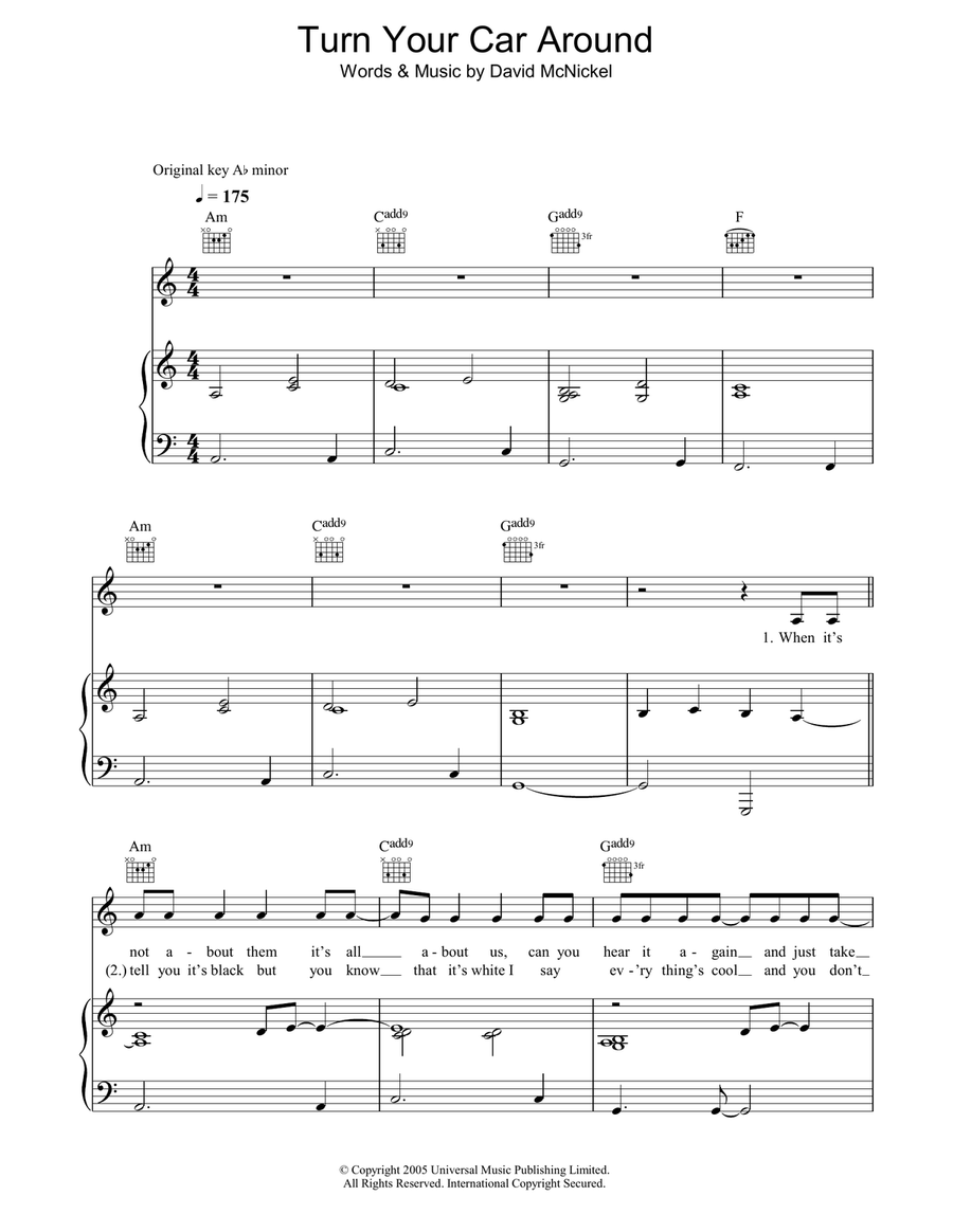 Turn Your Car Around Piano, Vocal, Guitar scores gallery preview page 1