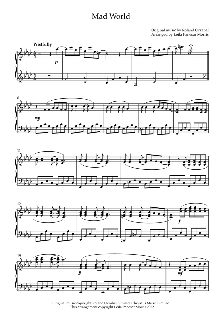 Mad World Piano Solo scores gallery preview page 1