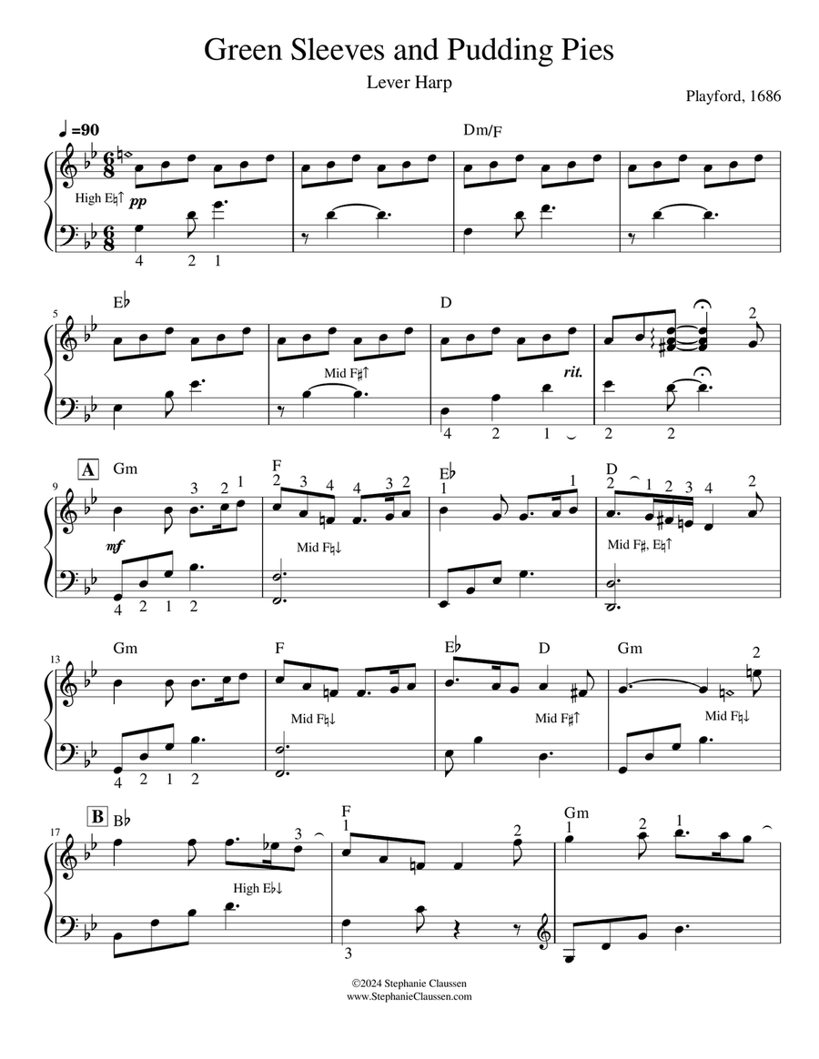 Greensleeves and Pudding Pies - intermediate harp solo Celtic Harp scores gallery preview page 2