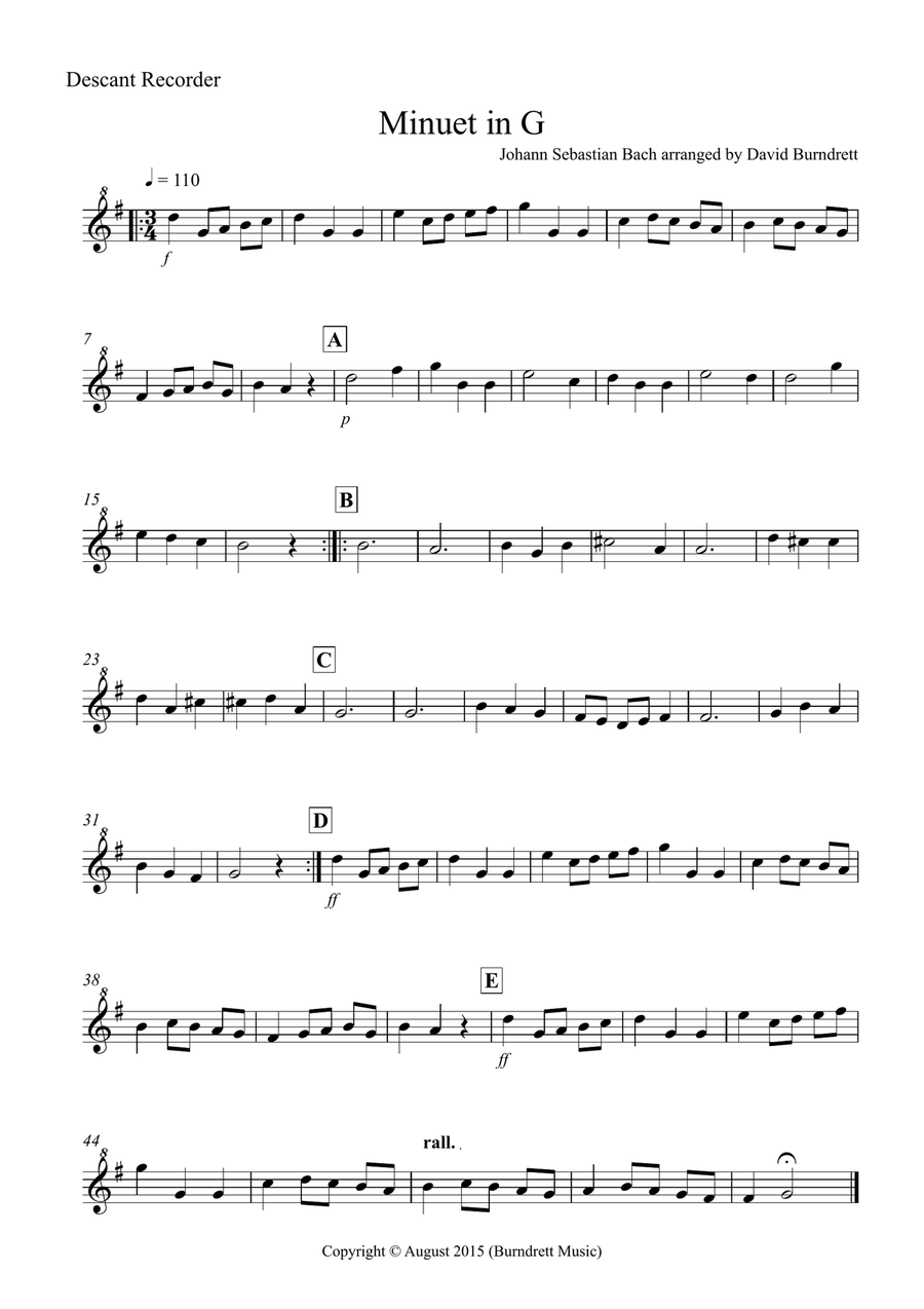 Minuet in G by Bach for Recorder Trio Recorder scores gallery preview page 3