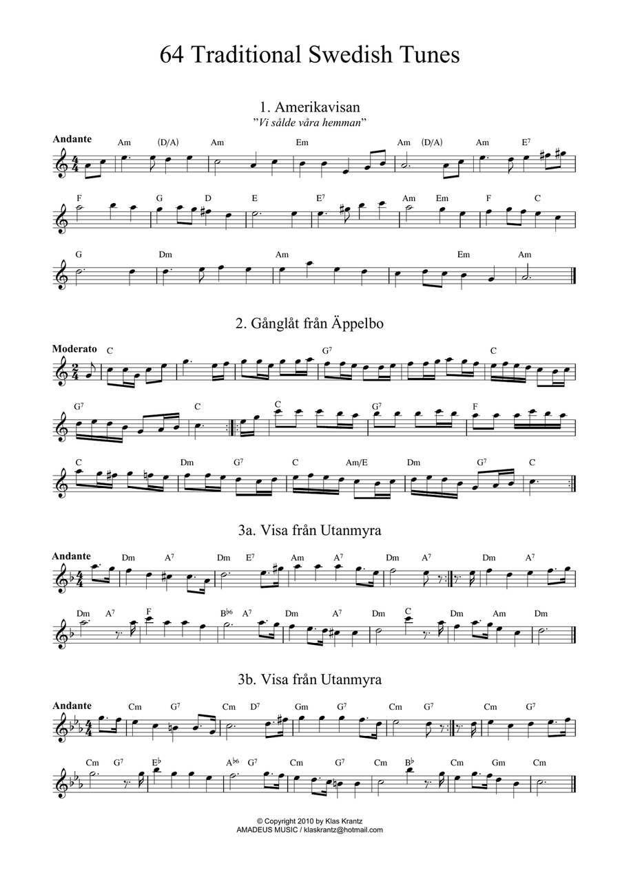 64 Traditional Swedish Songs for flute (or C instrument) with guitar chords Small Ensemble scores gallery preview page 1