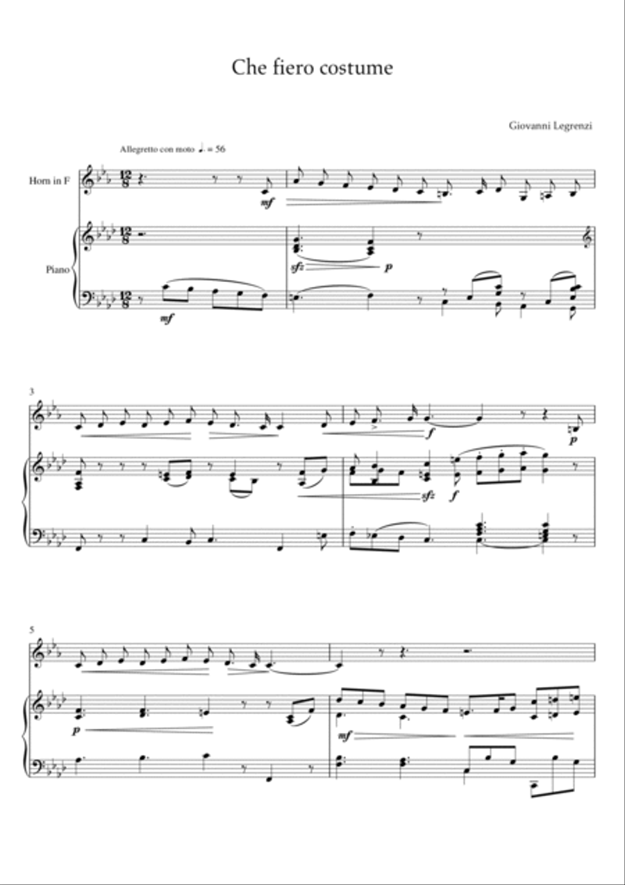 Legrenzi - Che fiero costume (Piano and French Horn) Small Ensemble scores gallery preview page 2