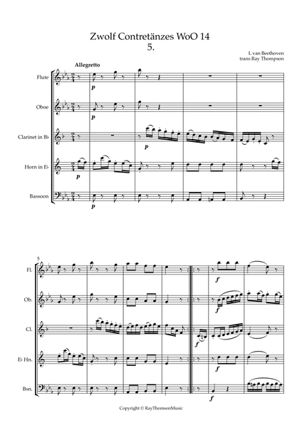 Beethoven: Zwölf Contretänzes (Twelve Countredances) WoO 14 No.5 - wind quintet image number null