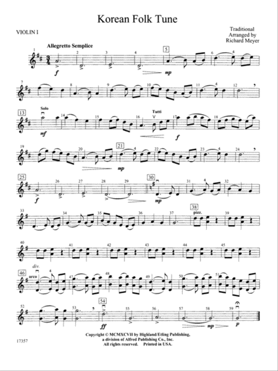 Korean Folk Tune: 1st Violin String Orchestra scores gallery preview page 1