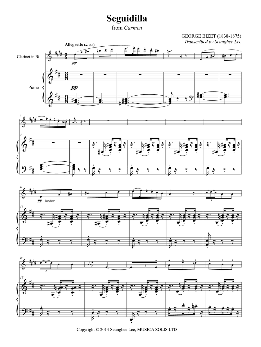 Bizet: Seguidilla from Carmen for Clarinet and Piano Clarinet Solo scores gallery preview page 1