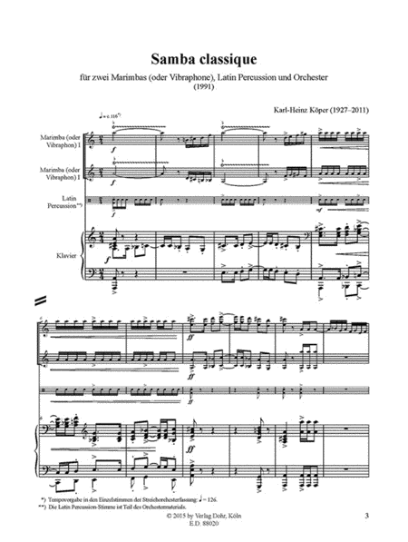 Samba classique für zwei Marimbas (oder Vibraphone), Latin Percussion und Orchester (1991)
