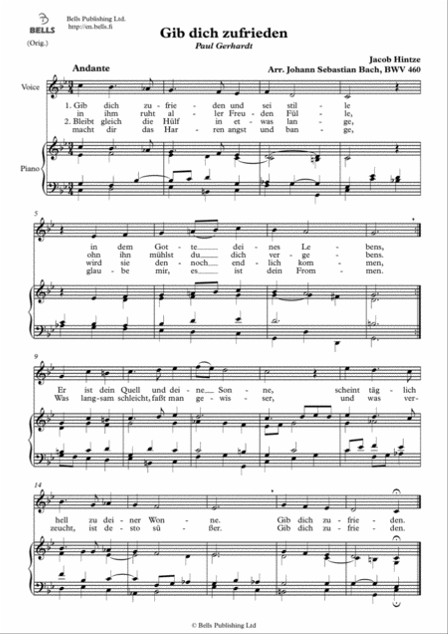 Gib dich zufrieden, BWV 460 (Original key. C minor) Voice Solo scores gallery preview page 1