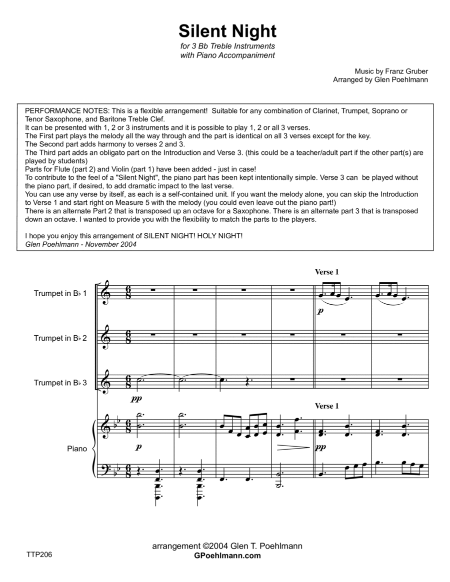 SILENT NIGHT - 1, 2 or 3 Bb TREBLE INSTRUMENTS with Piano Accompaniment Small Ensemble scores gallery preview page 1