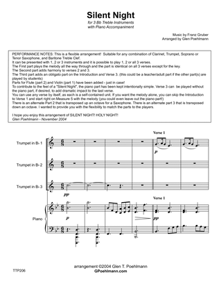 SILENT NIGHT - 1, 2 or 3 Bb TREBLE INSTRUMENTS with Piano Accompaniment