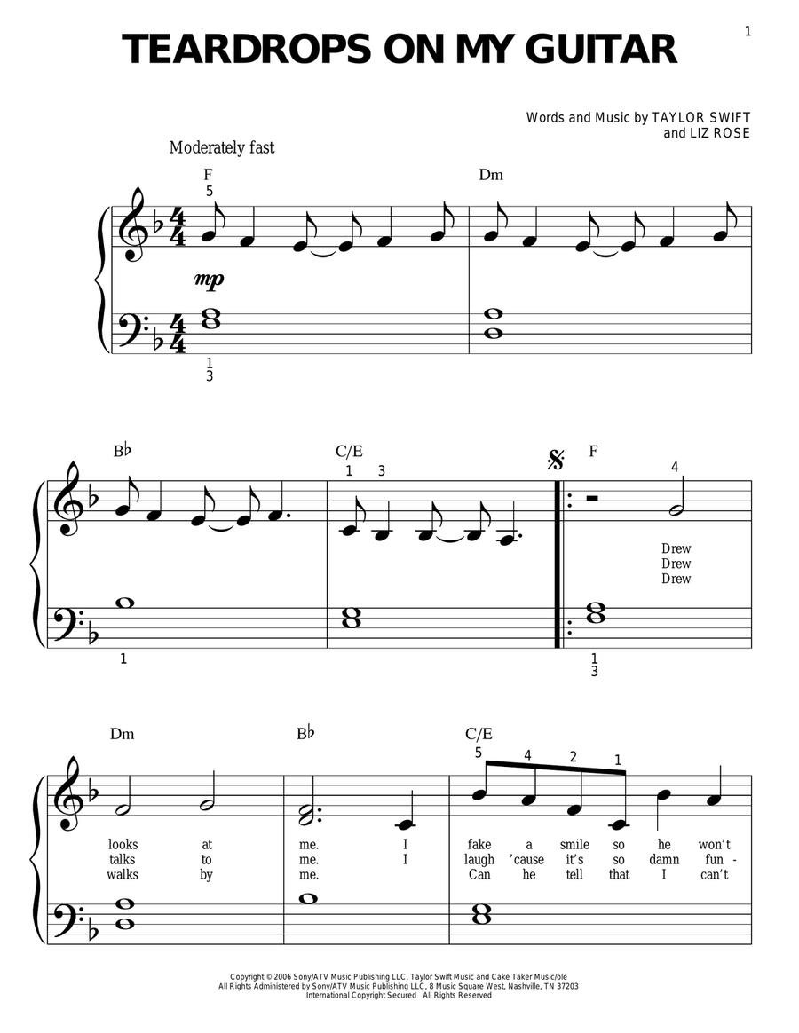 Teardrops On My Guitar Easy Piano scores gallery preview page 1