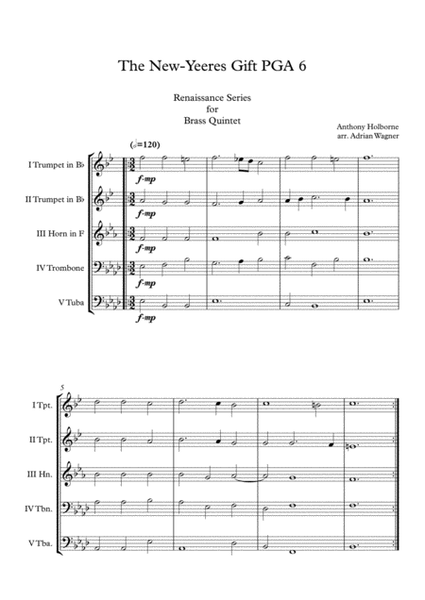 The New- Yeeres Gift PGA 6 (Anthony Holborne) Brass Quintet arr. Adrian Wagner image number null