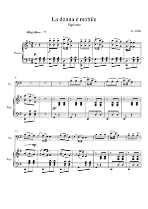 Giuseppe Verdi - La donna e mobile (Rigoletto) Violoncello Solo - G Key