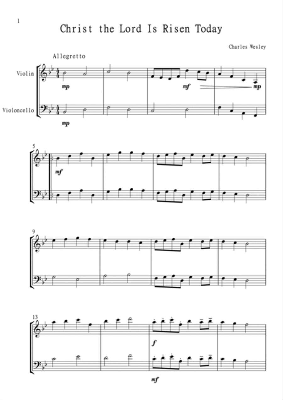 Christ the Lord is Risen Today; Jesus Christ is Risen Today for Violin and Cello in Bb major. Interm String Duet scores gallery preview page 2