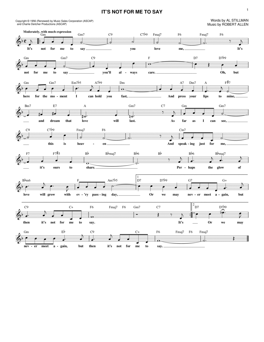 It's Not For Me To Say It's Not For Me To Say Piano scores gallery preview page 1