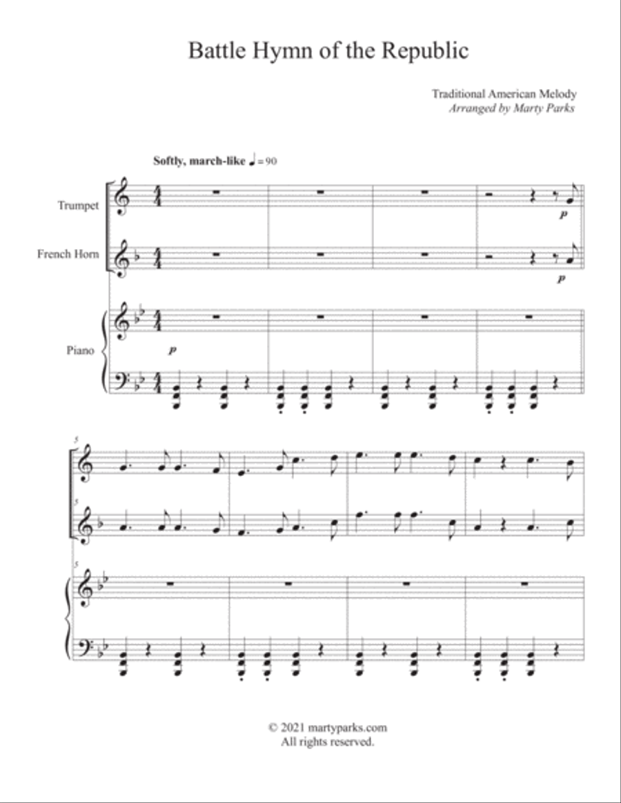 Battle Hymn of the Republic (Trumpet-French Horn-Piano) Brass Duet scores gallery preview page 1