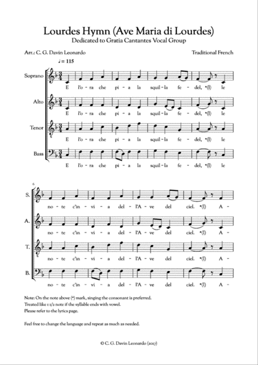 Lourdes Hymn (Ave Maria di Lourdes) - Traditional French - for 4 voices (SATB) 4-Part scores gallery preview page 1