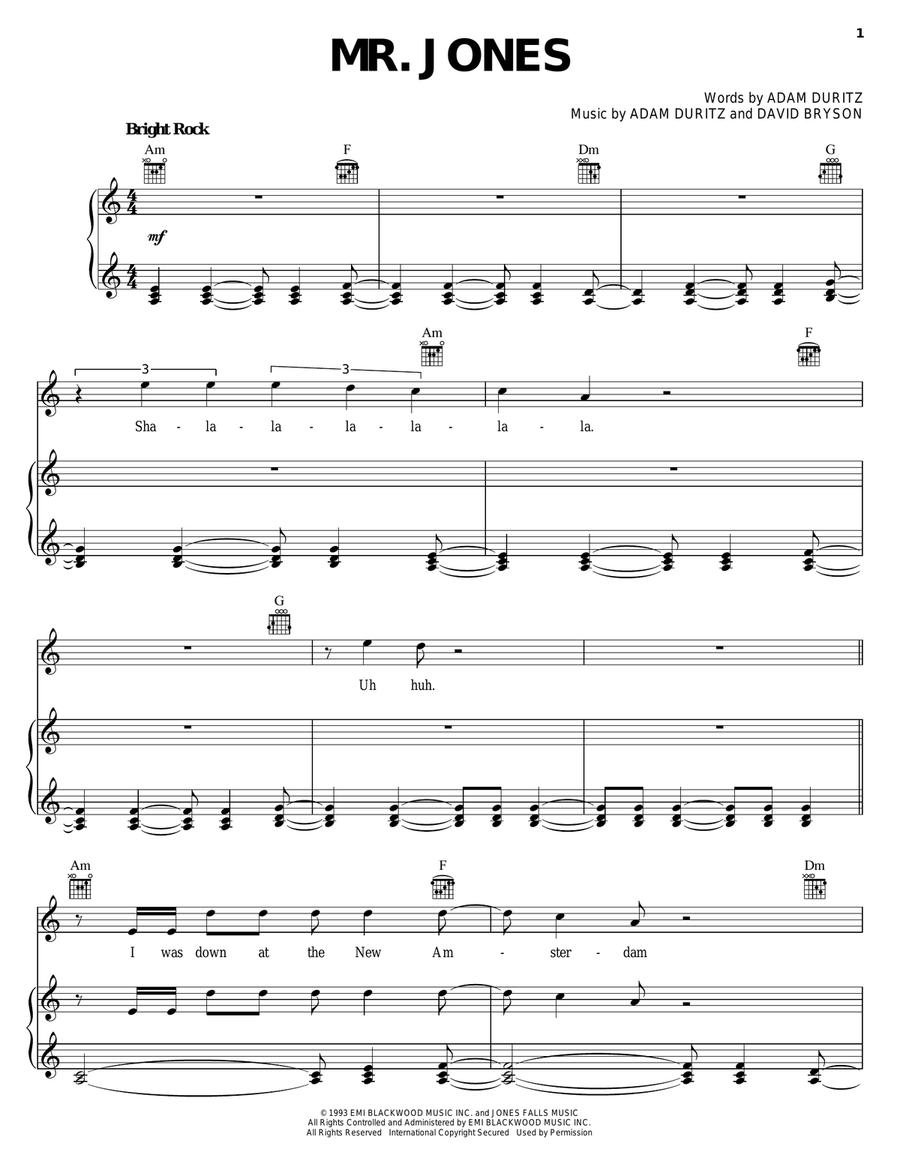 Mr. Jones Piano, Vocal, Guitar scores gallery preview page 1