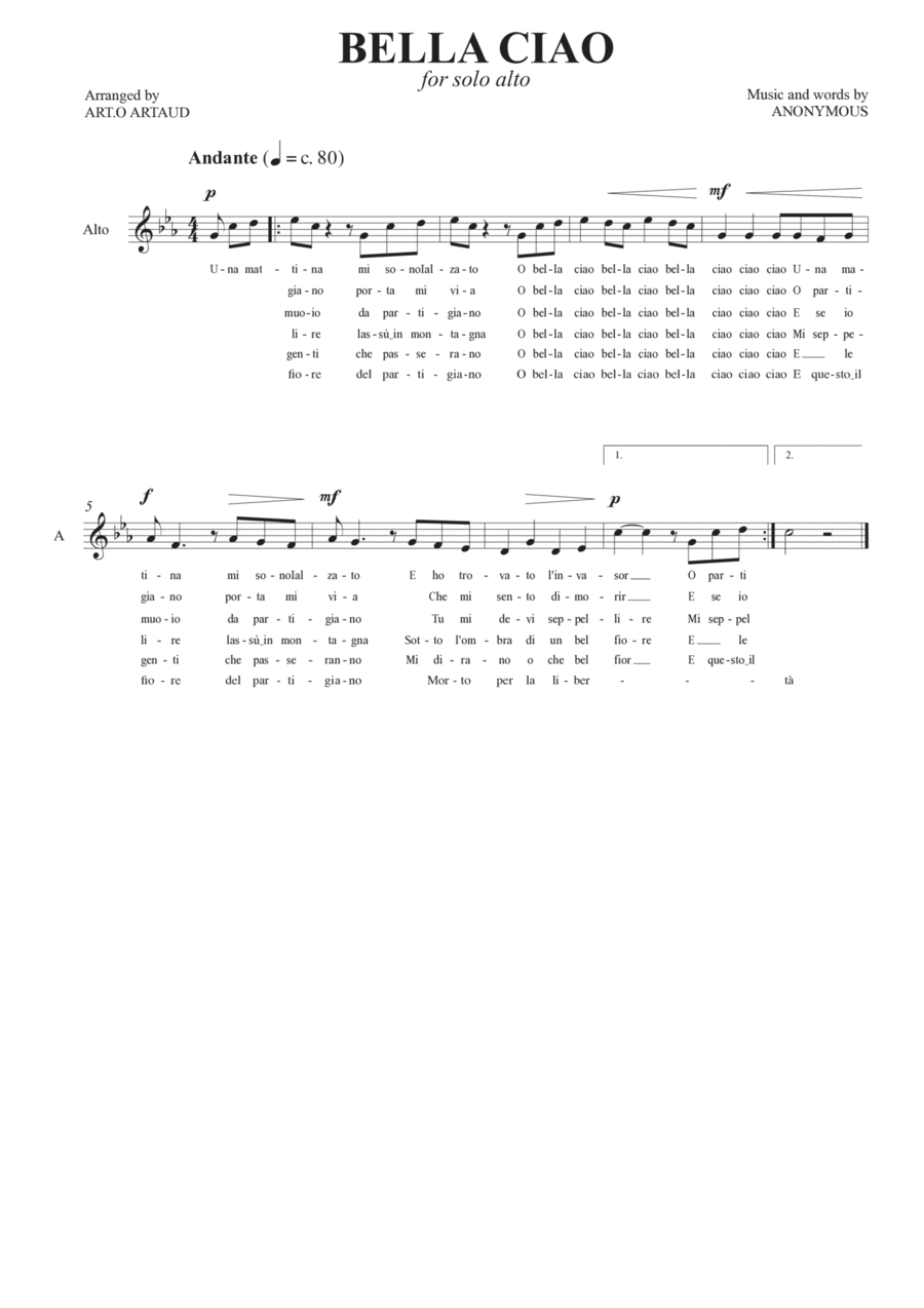 Bella Ciao Bella Ciao Alto Voice scores gallery preview page 1