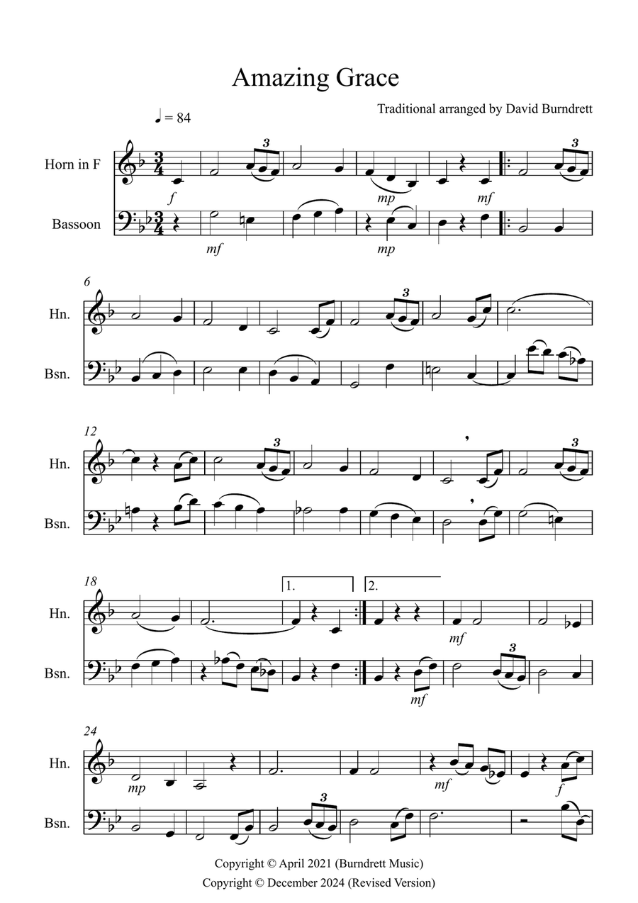 Amazing Grace for Horn and Bassoon Duet Woodwind Duet scores gallery preview page 1