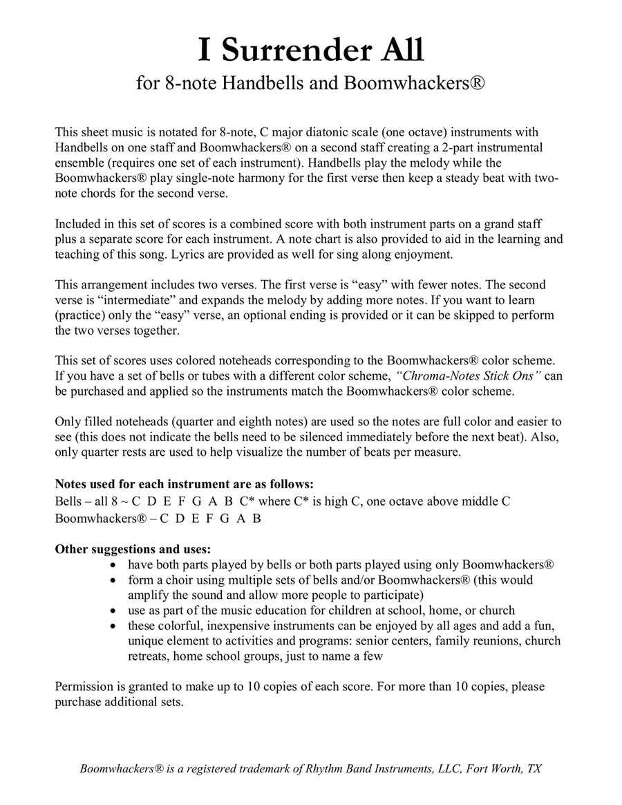 I Surrender All (for 8-note Bells and Boomwhackers® with Color Coded Notes) Handbell Choir scores gallery preview page 2