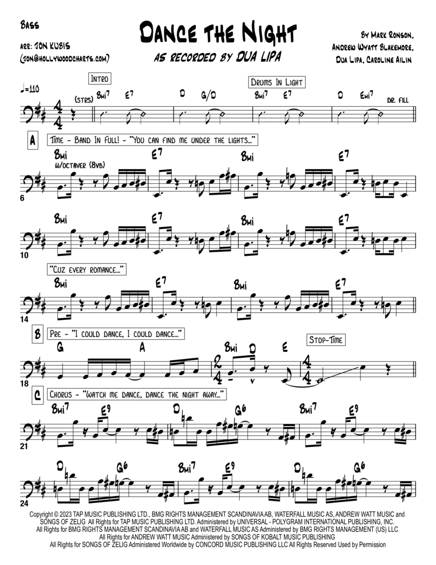 Dance The Night Bass Guitar scores gallery preview page 1
