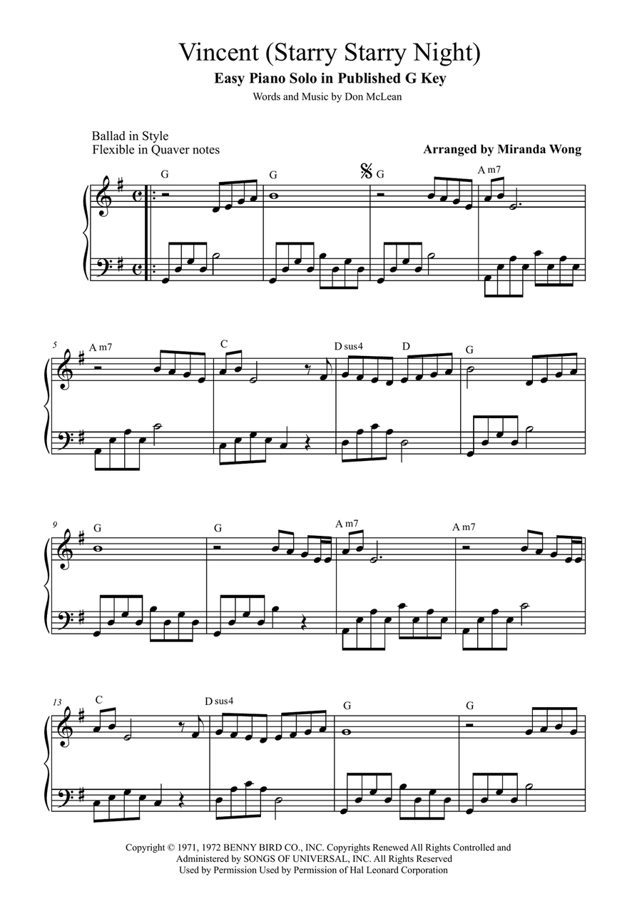 Vincent (Starry Starry Night) Easy Piano scores gallery preview page 1