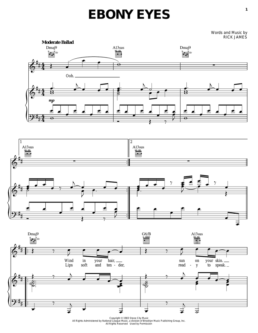 Ebony Eyes Piano, Vocal, Guitar scores gallery preview page 1