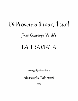 Book cover for "Di Provenza il mar, il suol" from LA TRAVIATA - solo lever harp
