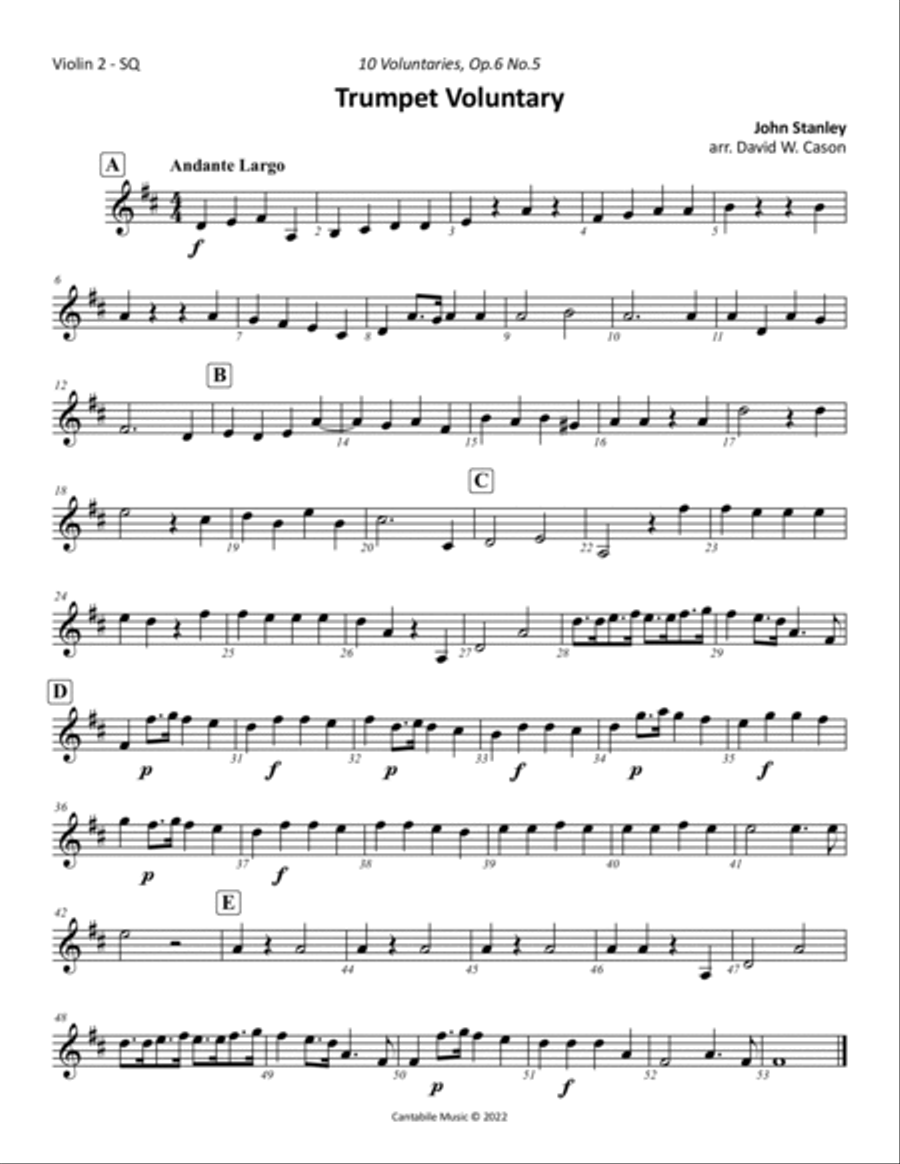 Trumpet Voluntary (Andante Largo) from 10 Voluntaries Op.6 No.5 (Stanley) STRING QUARTET String Quartet scores gallery preview page 2