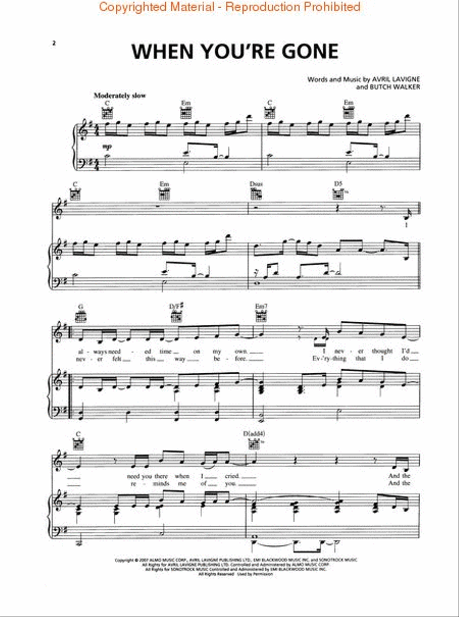 When You're Gone Piano, Vocal, Guitar scores gallery preview page 2
