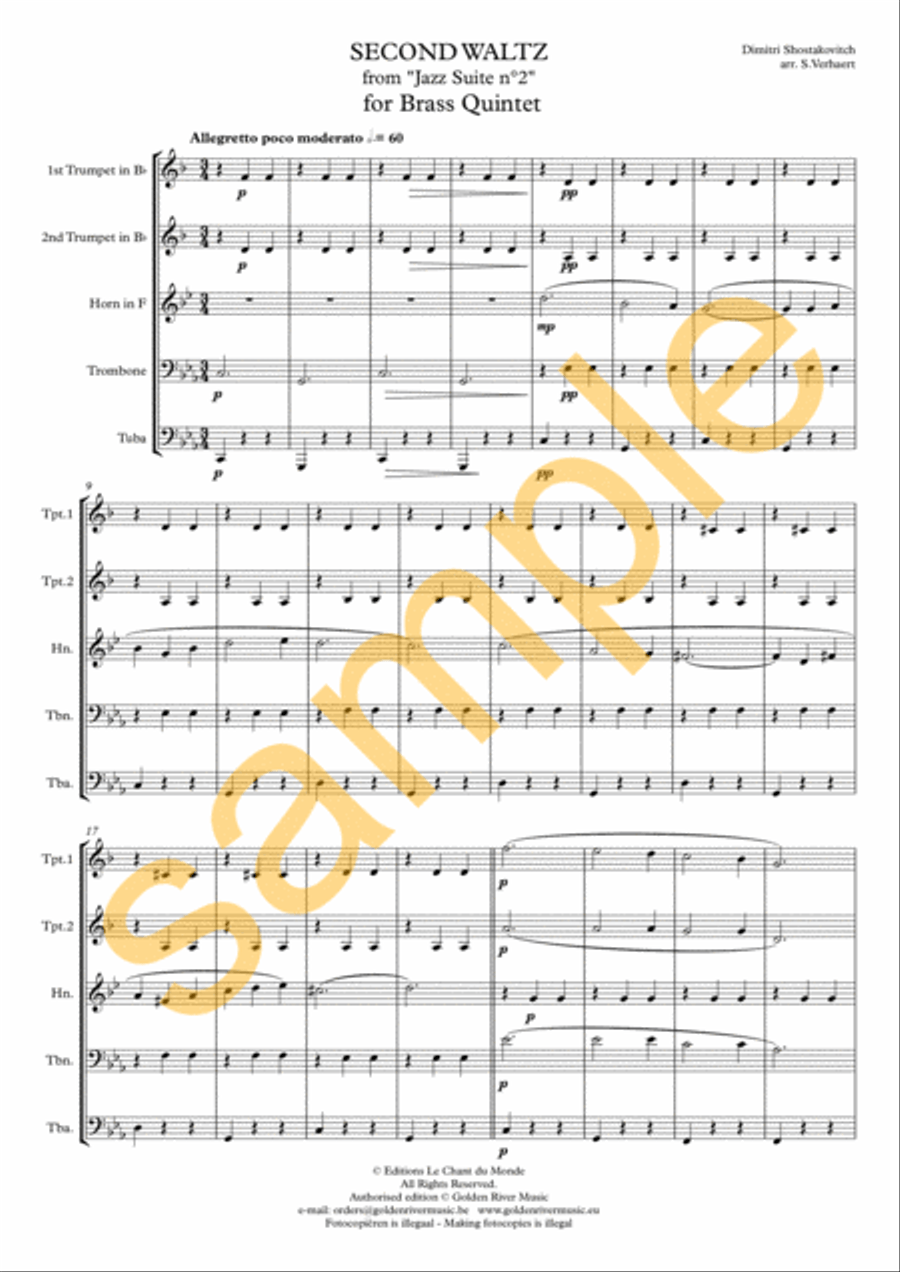 Second Waltz from Jazz Suite No. 2 Brass Quintet scores gallery preview page 2