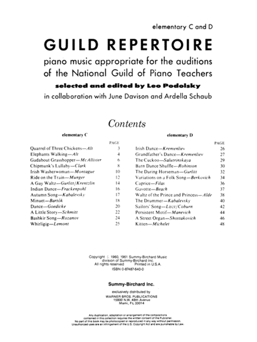 Guild Repertoire - Elementary C and D