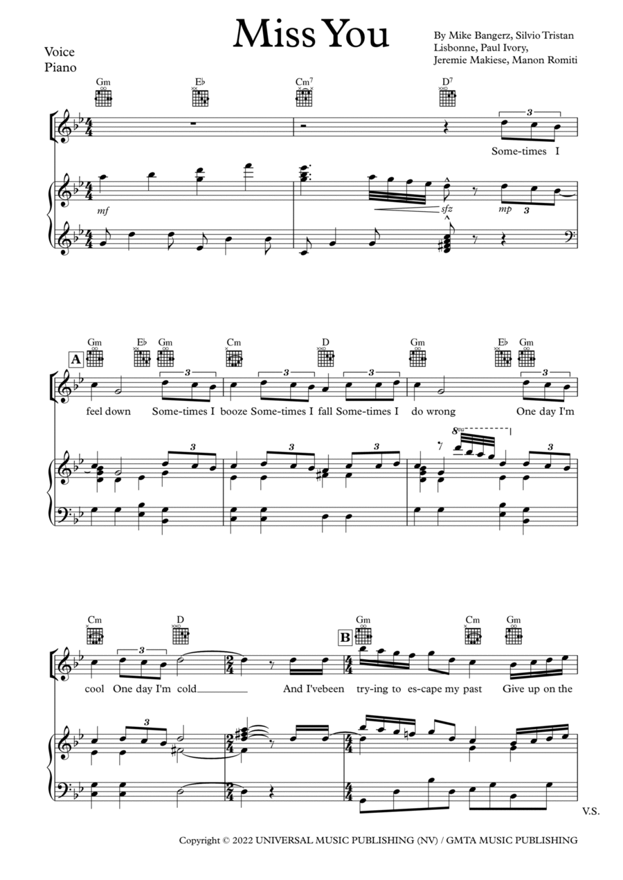 Miss You Piano, Vocal, Guitar scores gallery preview page 1