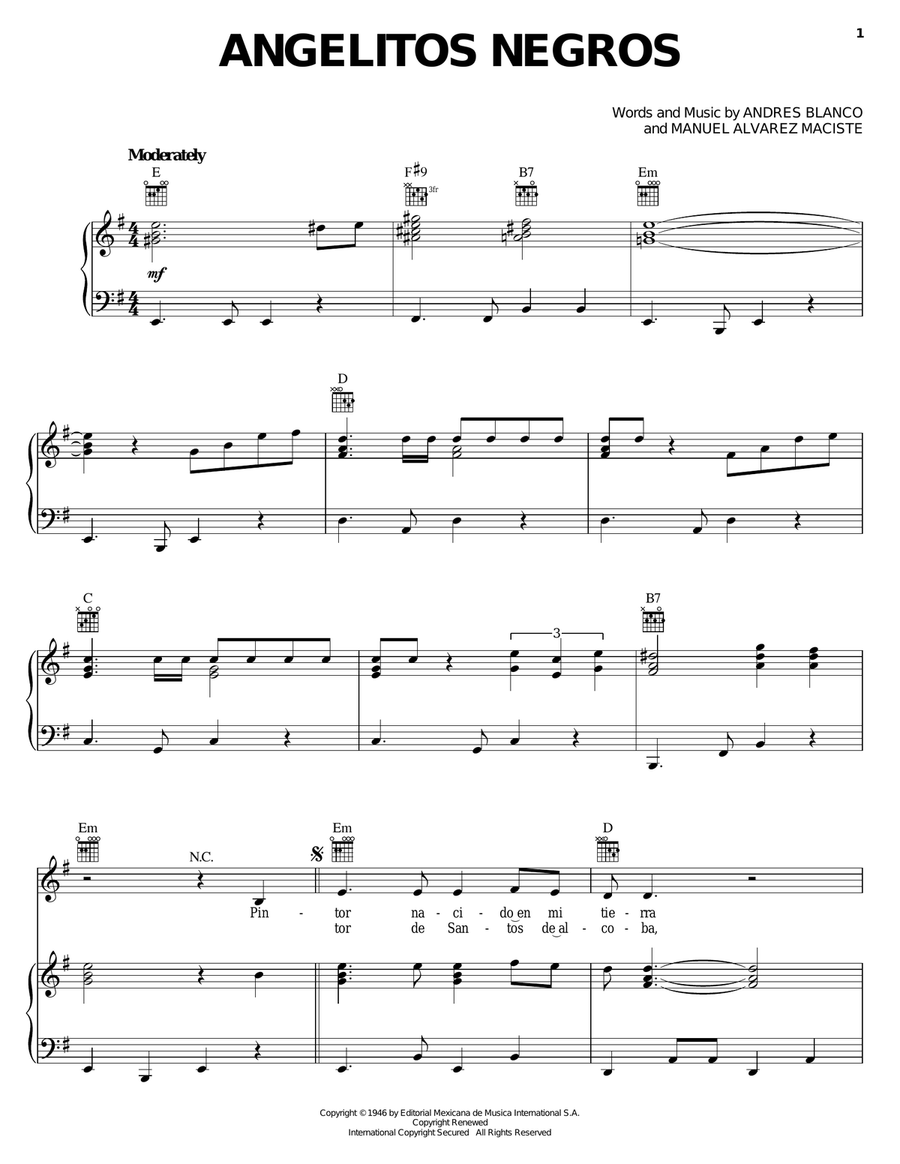 Angelitos Negros Piano, Vocal, Guitar scores gallery preview page 1